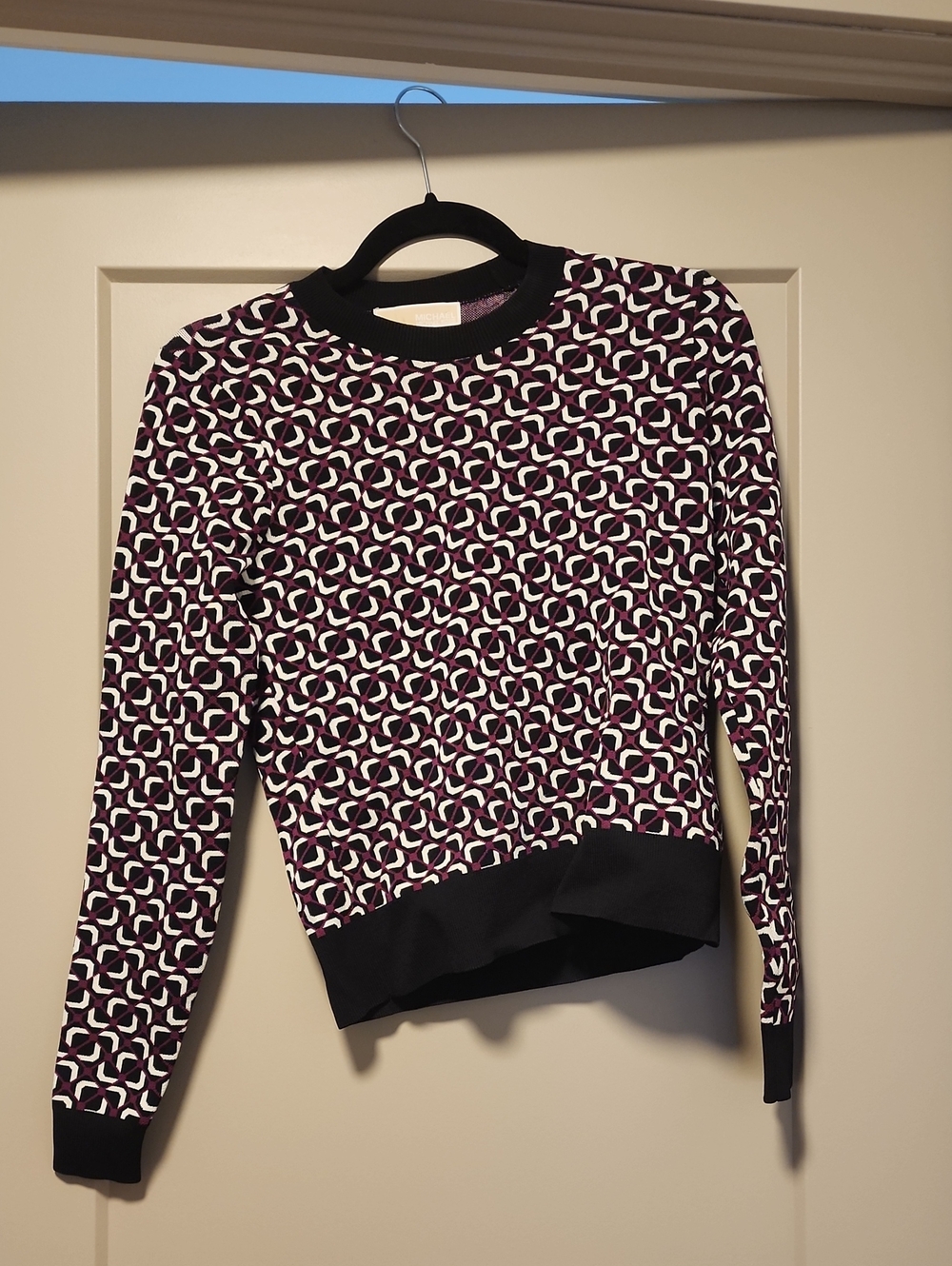 Michael Kors Purple, White and Black Geometric Knit Crewneck